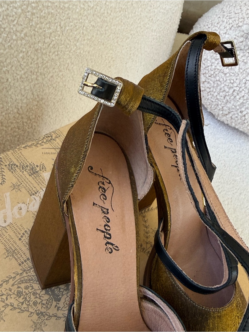 Free People Metallic Gold Velvet T-Strap Platform Pumps with Black Trim - Picture 5 of 8